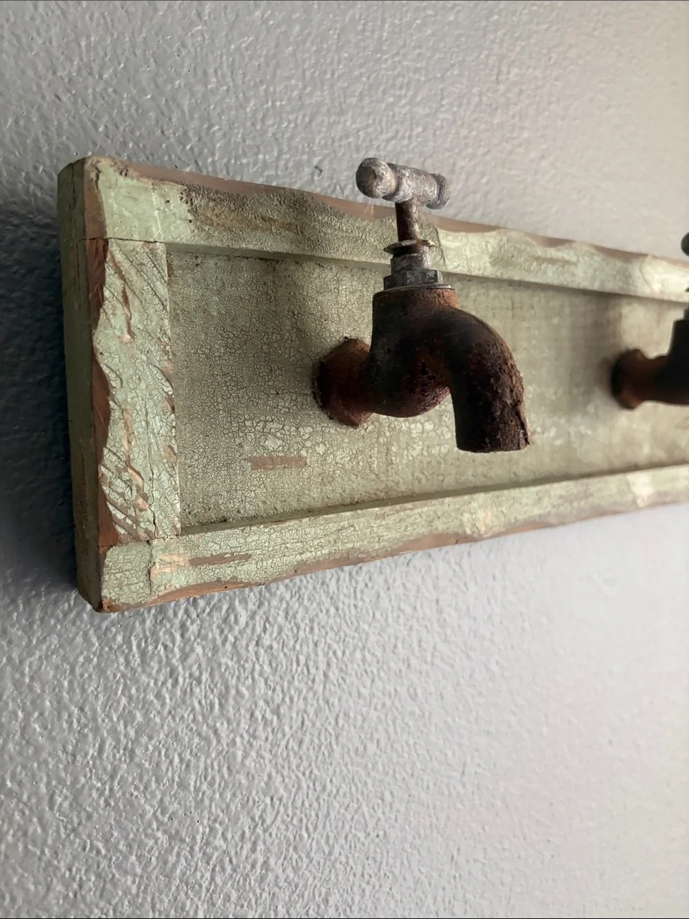 Distressed Green Wall Hook Rack with Faucet-Style Hooks